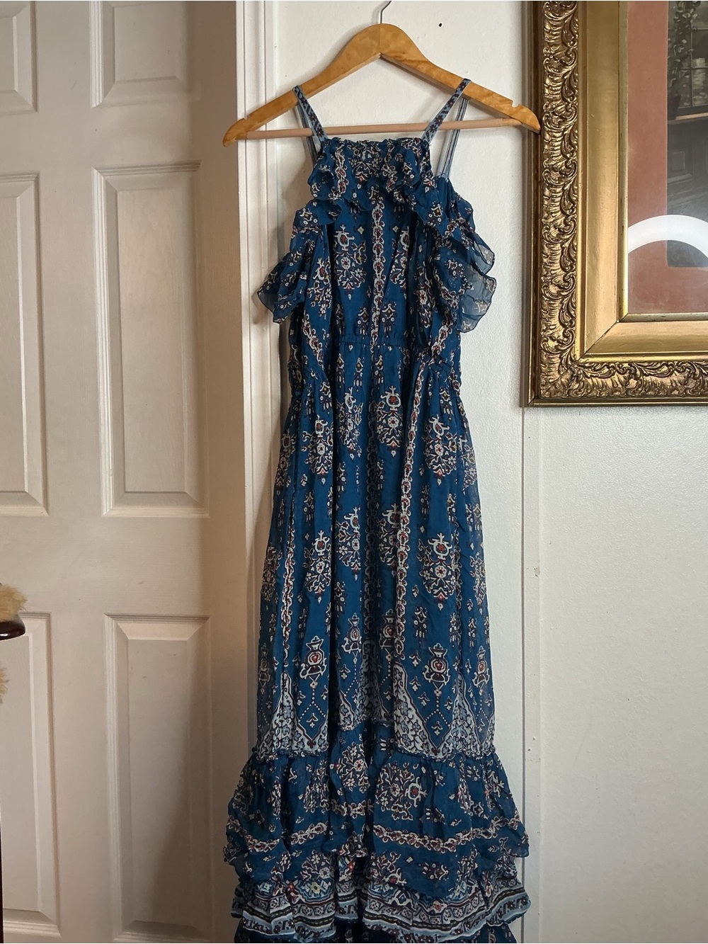 Anthropologie Teal Blue Printed Ruffle Maxi Dress